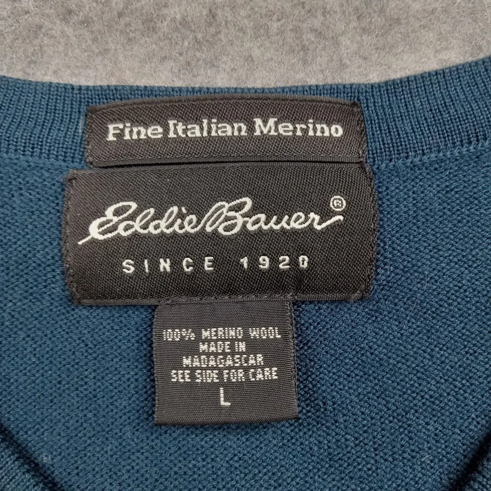 Eddie Bauer Sweater Mens Large Blue Fine‎ Italian Merino Wool V Neck Pullover